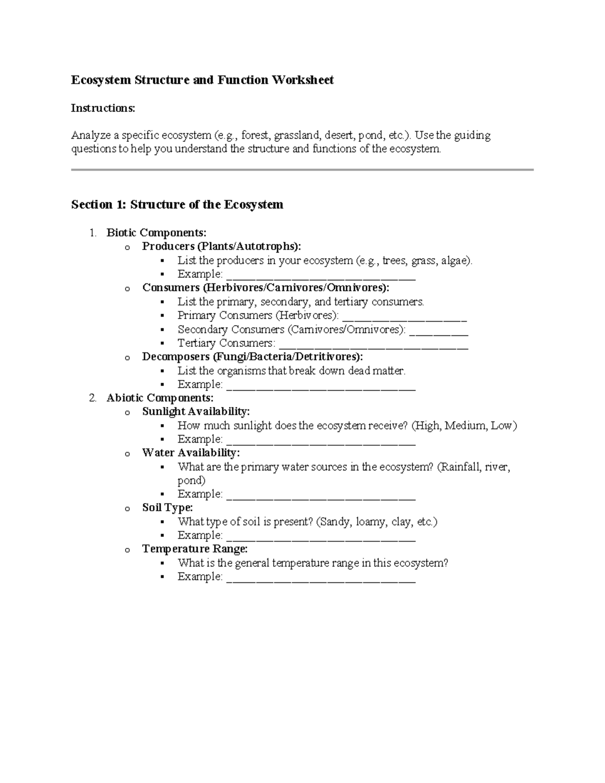 Ecosystem Structure and Function Worksheet - Ecosystem Structure and ...