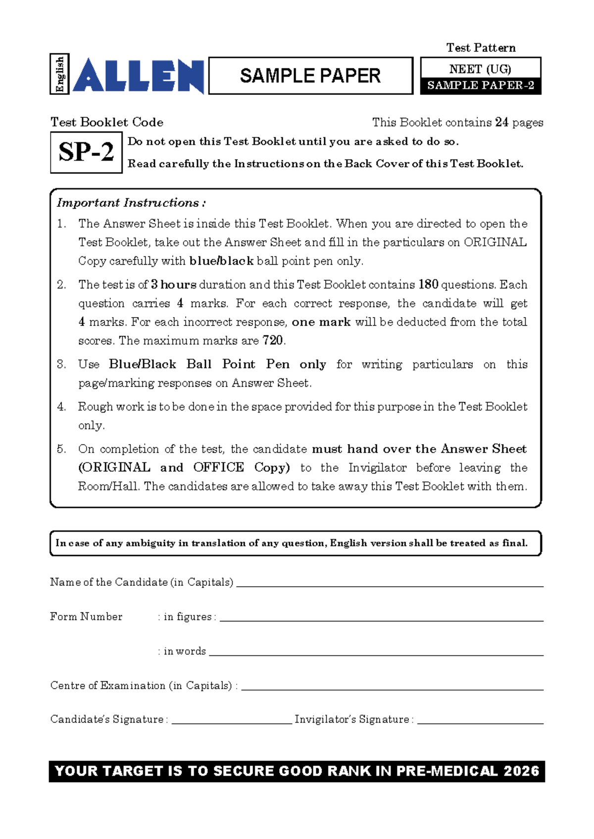 Allen Sample Paper 02 - NEET (UG) Mock Test 2026 - Studocu