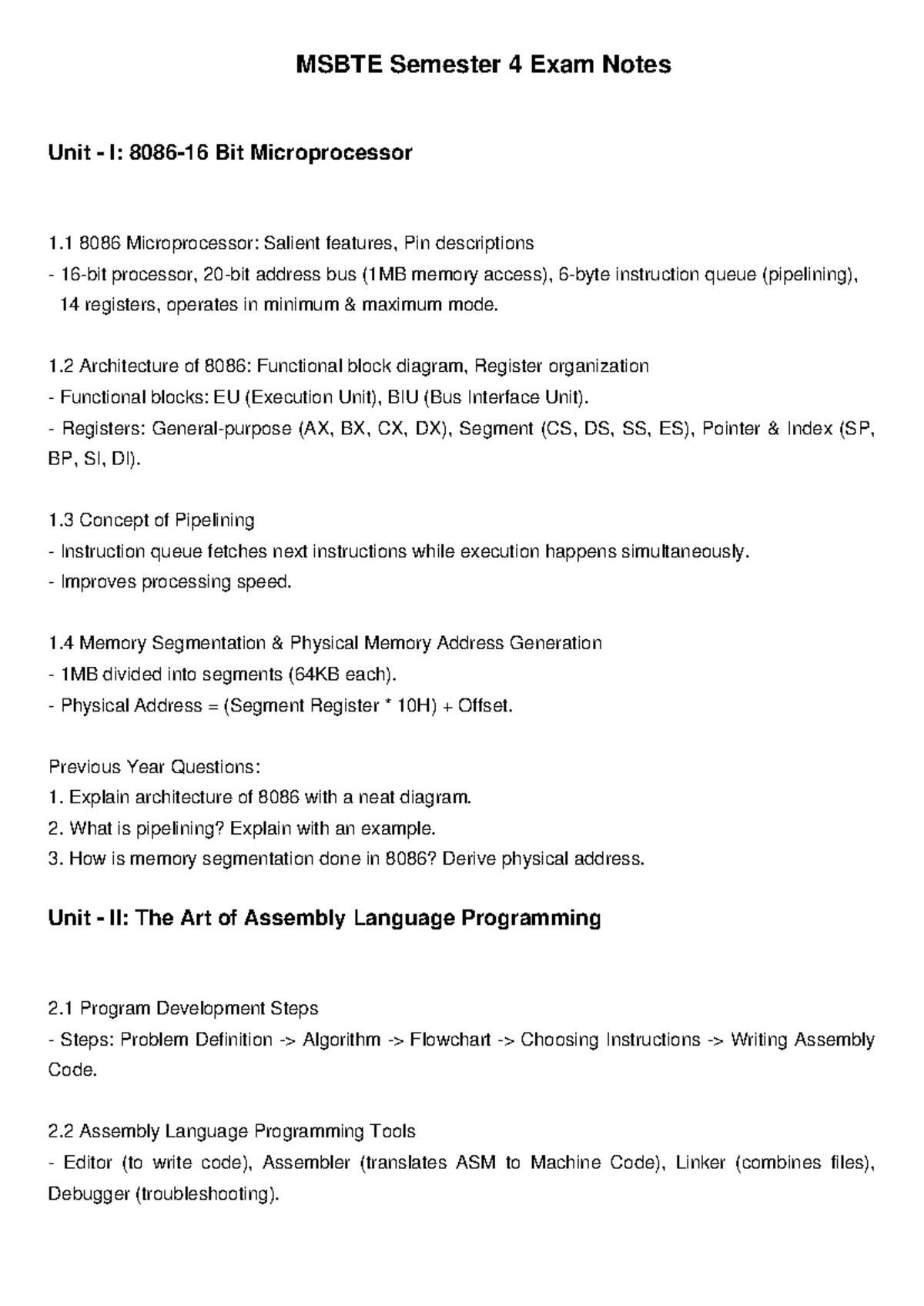 MSBTE Sem 4 Exam Notes: 8086 Microprocessor & Assembly Language - Studocu
