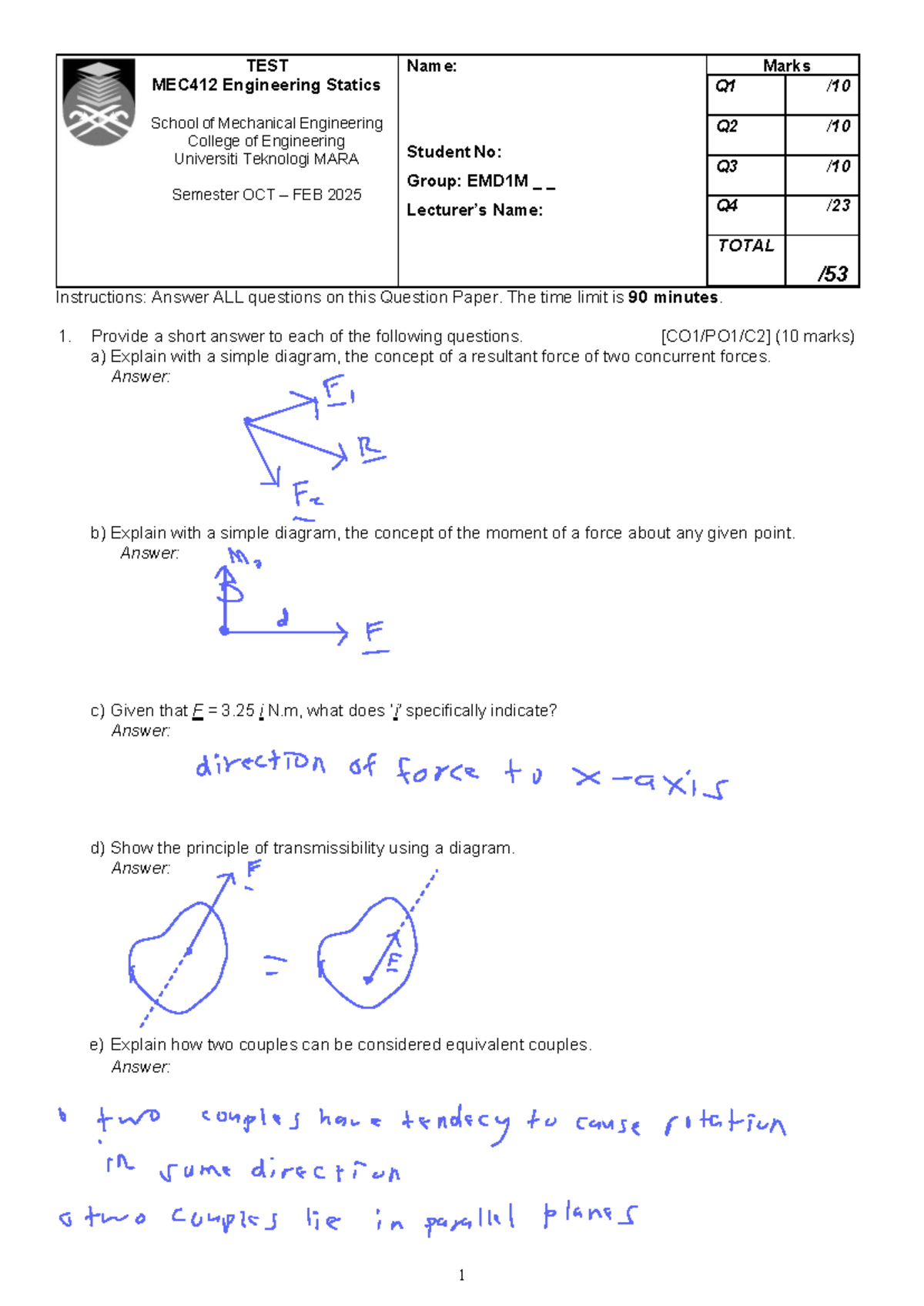 MEC412 Engineering Statics Test - October 2025 - Studocu