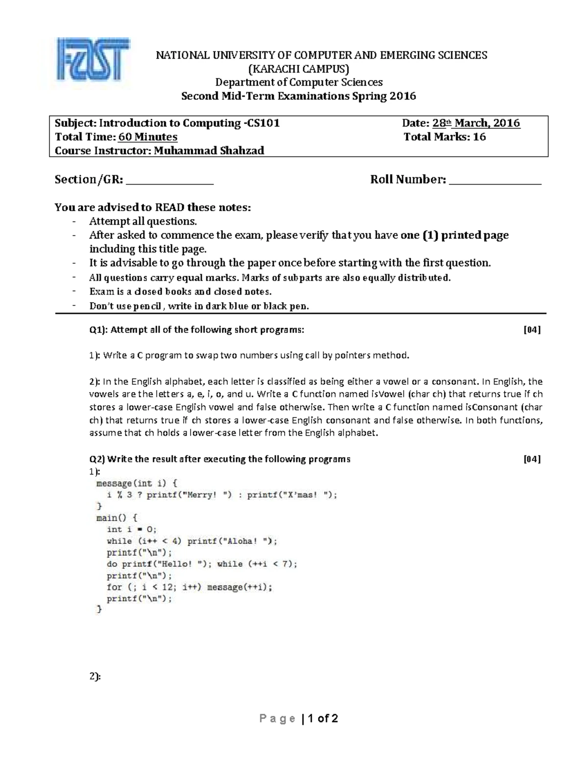 PF Midterm Exam CS1002 - Programming Fundamentals Past Paper (Nov 2021 ...