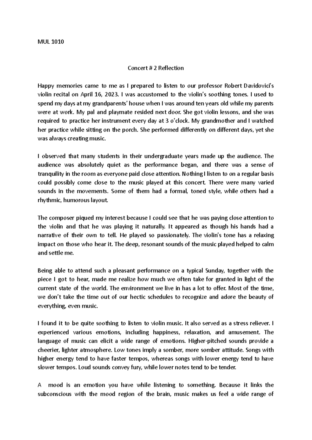 MUL 1010 Concert #2 Reflection: Experience and Emotional Impact - Studocu
