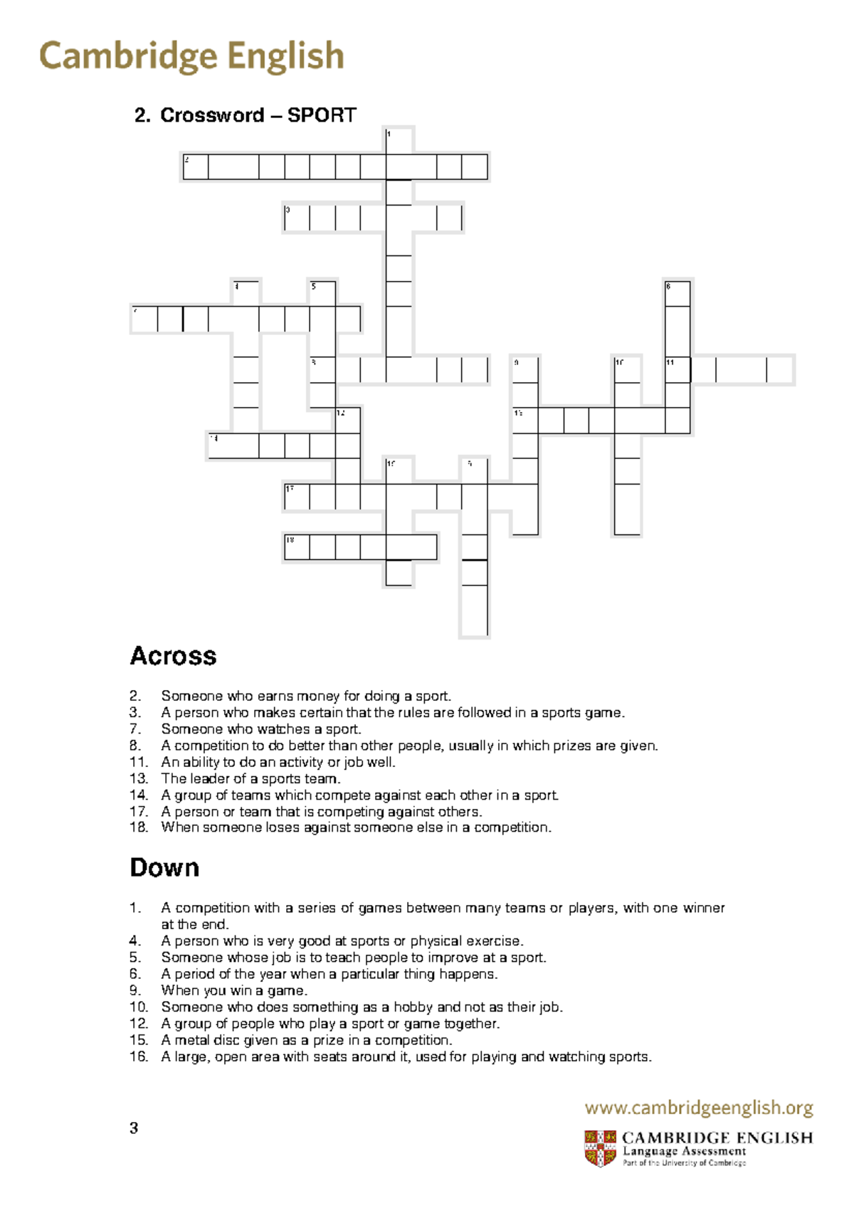 Sport Vocabulary Activities: Crossword, Sentences & Gaps - Studocu