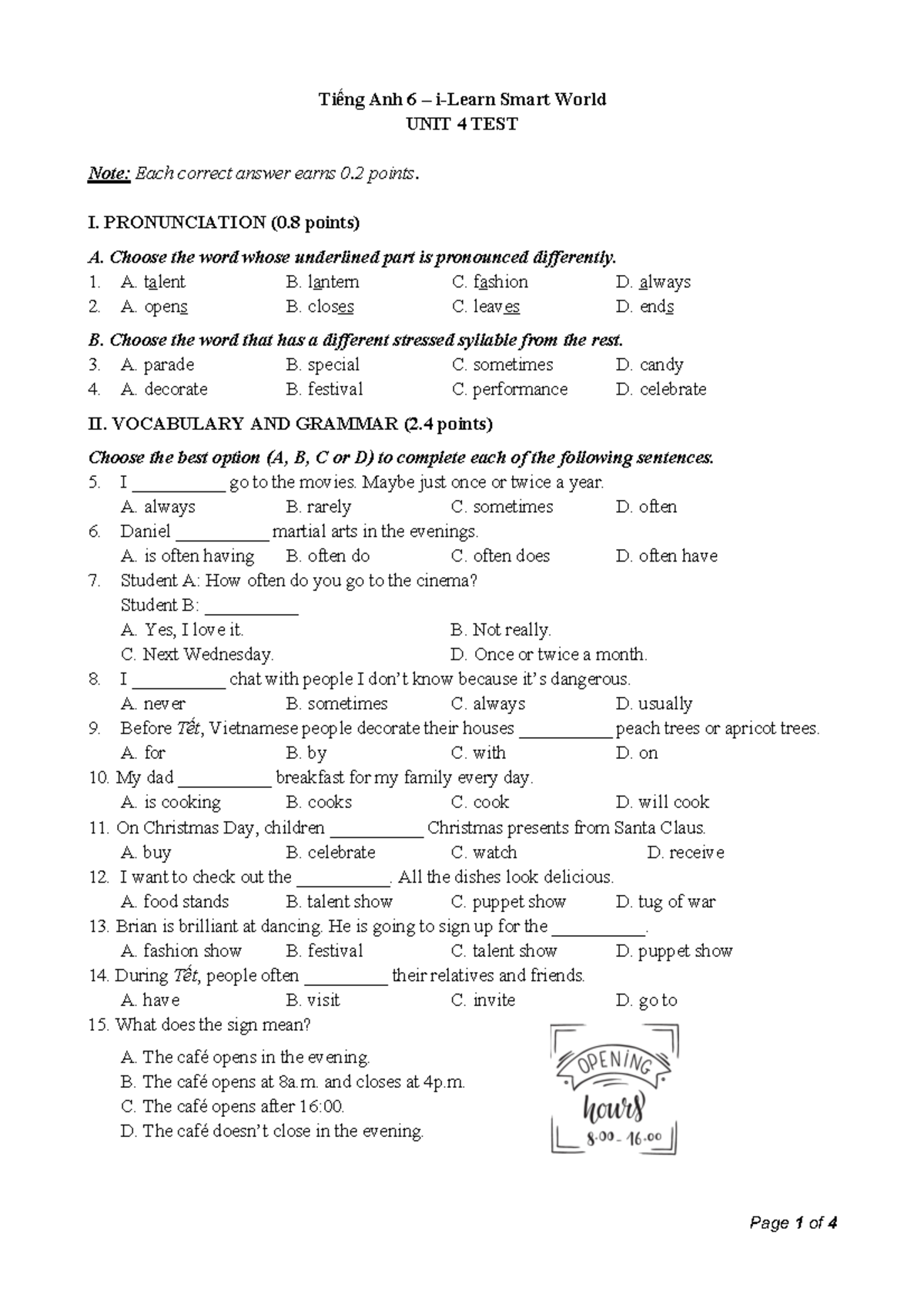 Tieng Anh 6 Smart World - Unit 4 Test - Tiếng Anh 6 – i-Learn Smart ...