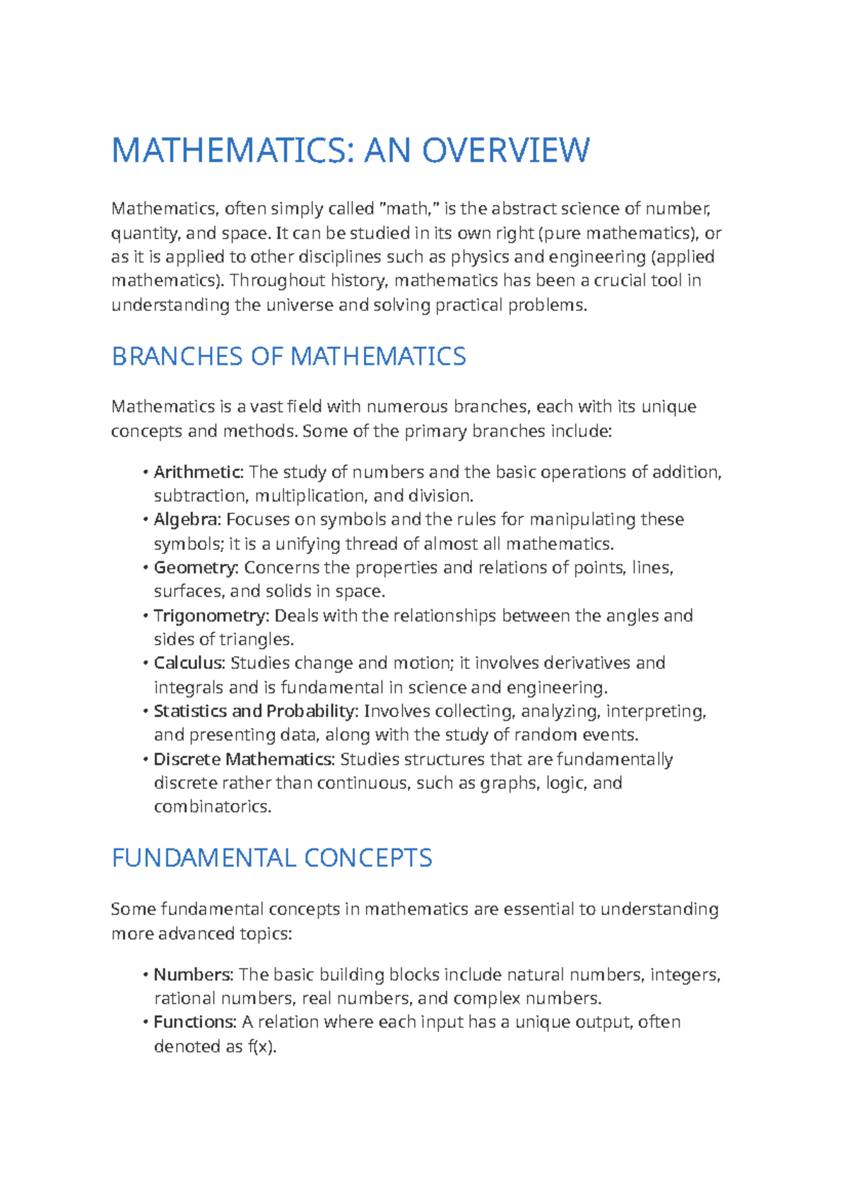 MATHEMATICS: AN OVERVIEW AND APPLICATIONS - Algebra Insights - Studocu