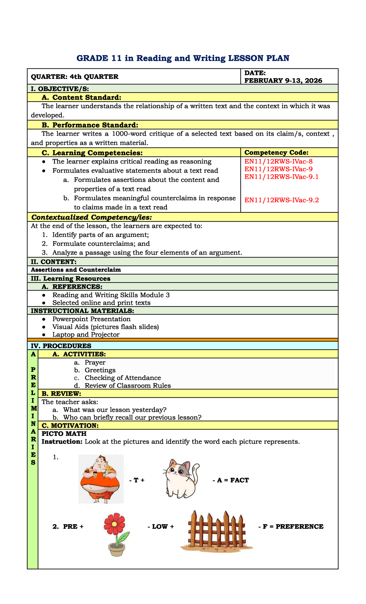 GRADE 11 READING & WRITING LESSON PLAN - 4th Quarter 2026 - Studocu