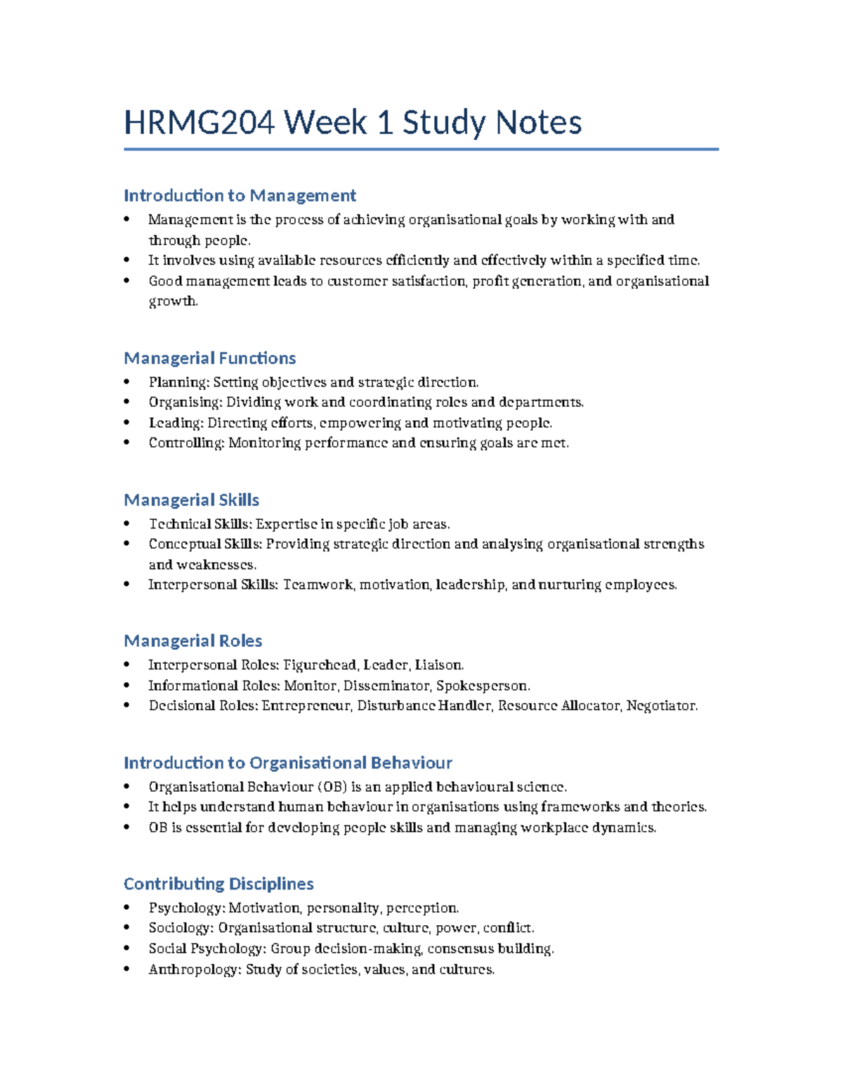 HRMG204 Week 1 Study Notes: Intro to Management & OB Concepts - Studocu