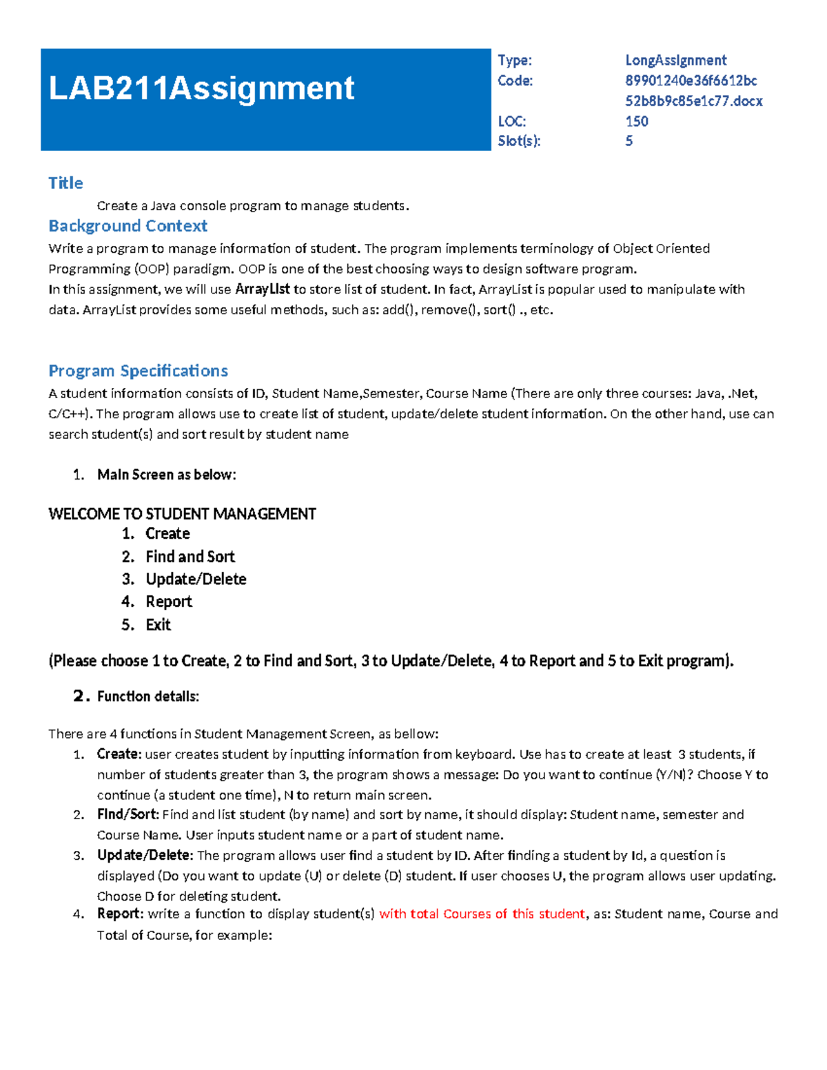 LAB211 Long Assignment: Java Student Management Program - Studocu