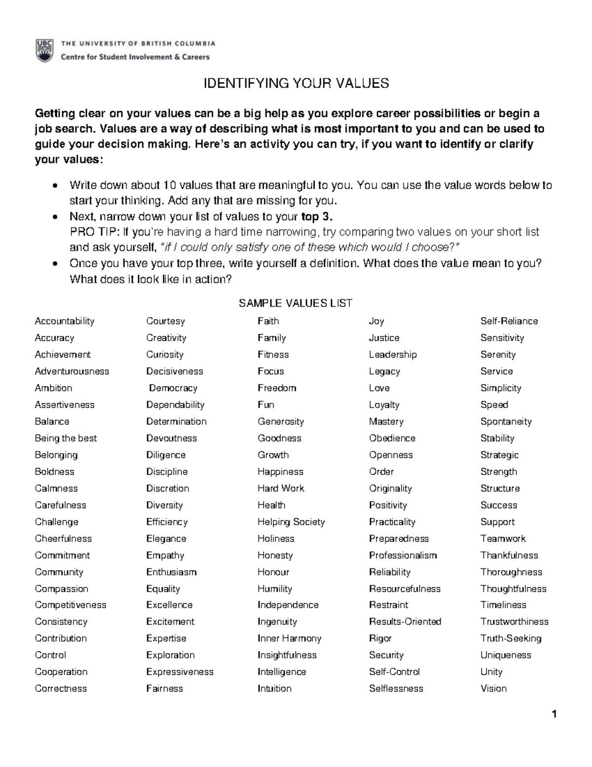 Values Inventory Worksheet for Career Exploration and Decision Making ...