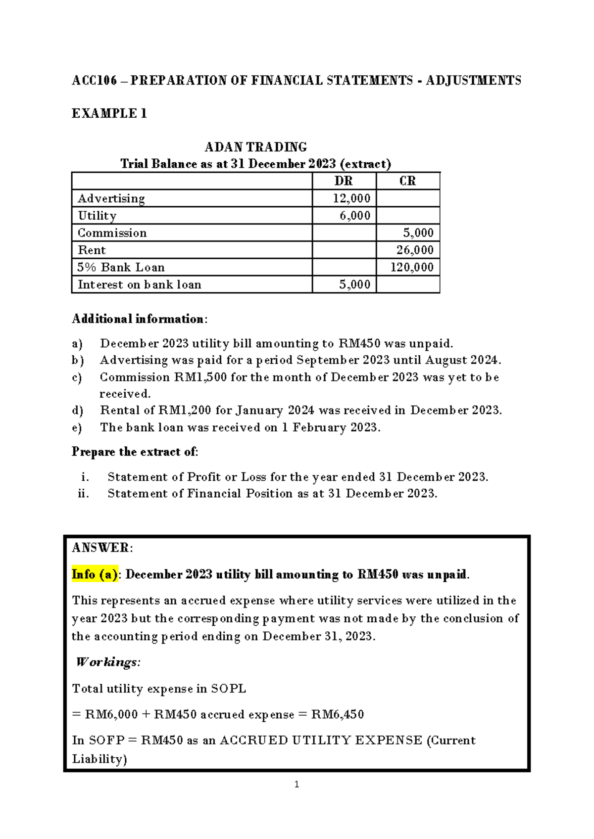 ACC106 Sample Q&A: Adjustments for Profit and Financial Statements ...