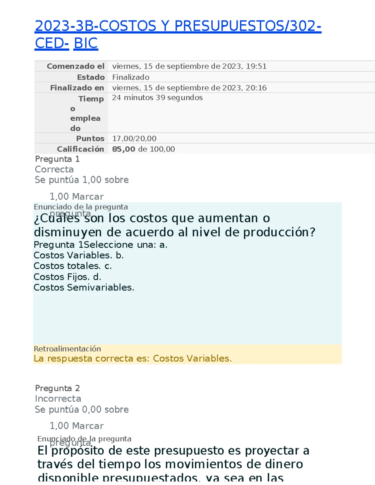 EJERCICIOS SEMANA I: COSTOS Y PRESUPUESTOS - Evaluación Formativa - Studocu