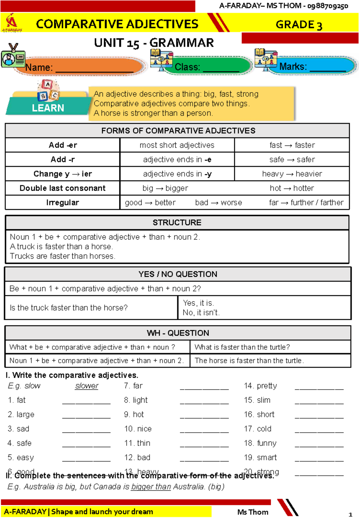 MS THOM 0988709250 COMPARATIVE ADJECTIVES UNIT 15 GRAMMAR GRADE 3 - Studocu