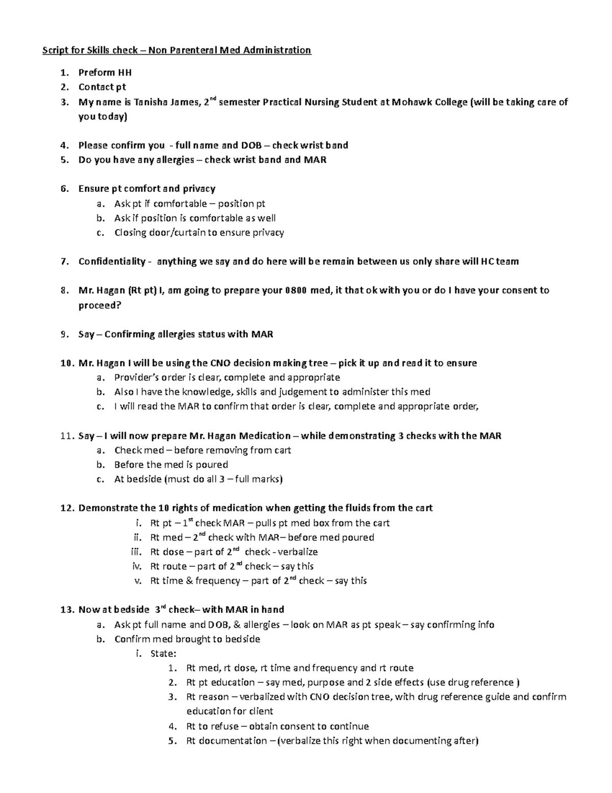Non Parenteral Med Admin Skills Check Script - PN Nursing 2nd Sem - Studocu