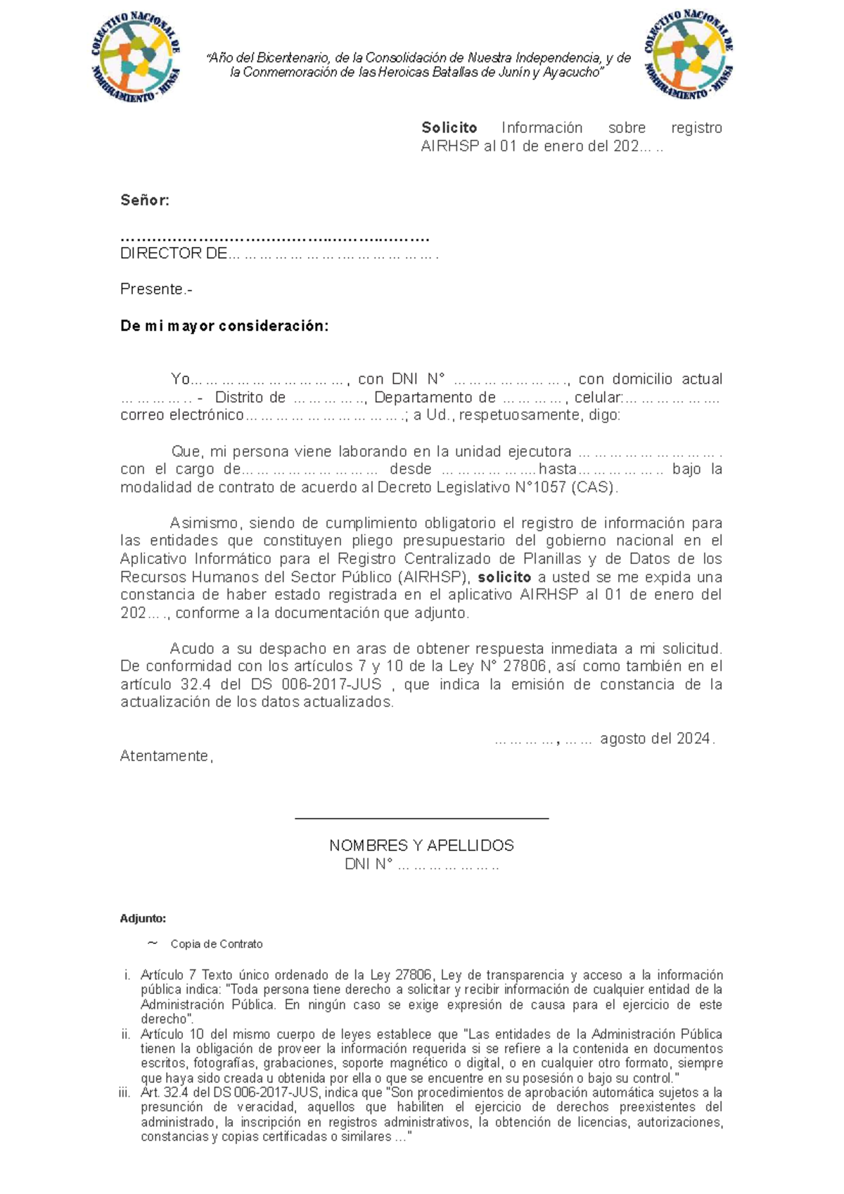 Modelo de Solicitud AIRHSP para Registro de Información - Document Preview