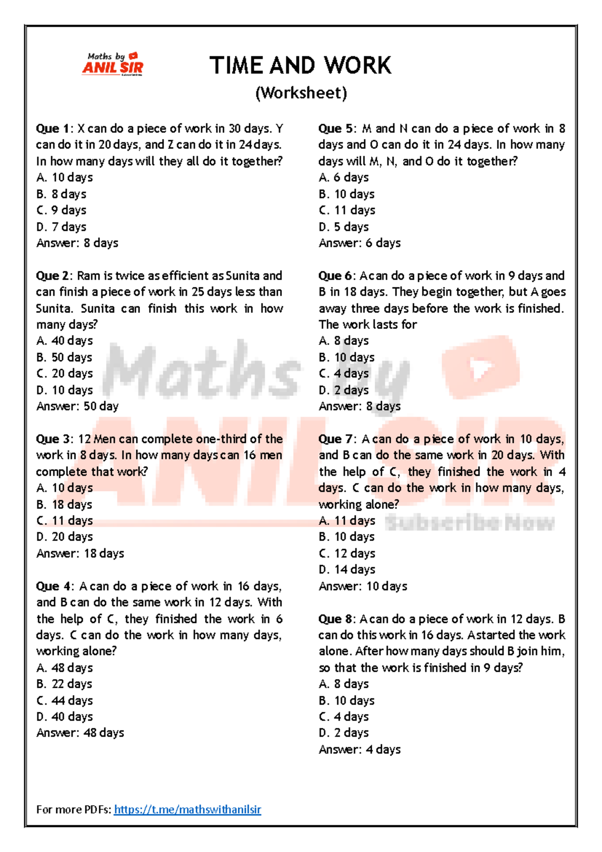 TIME AND WORK (Worksheet) - Problem Set and Solutions - Studocu