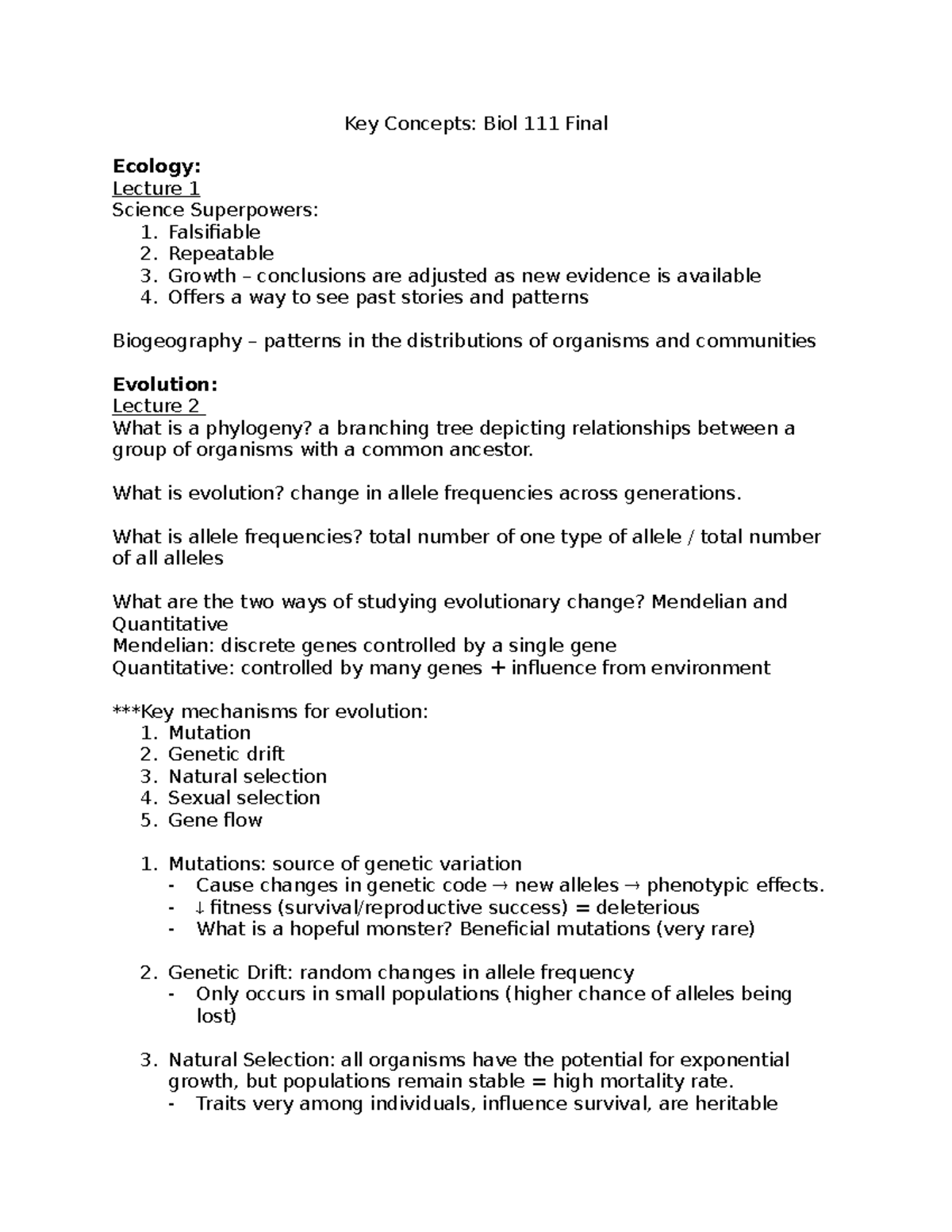 Biol 111 Final Exam Study Guide: Key Concepts & Mechanisms - Studocu