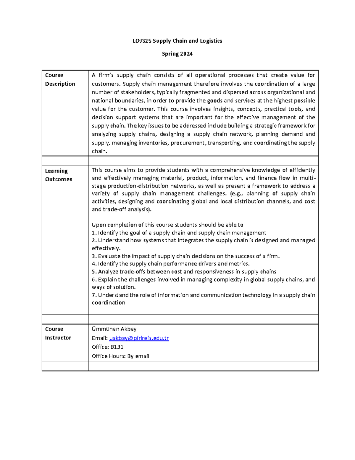 Dersnot 2442: LOJ325 Supply Chain Management Spring 2024 Syllabus - Studocu