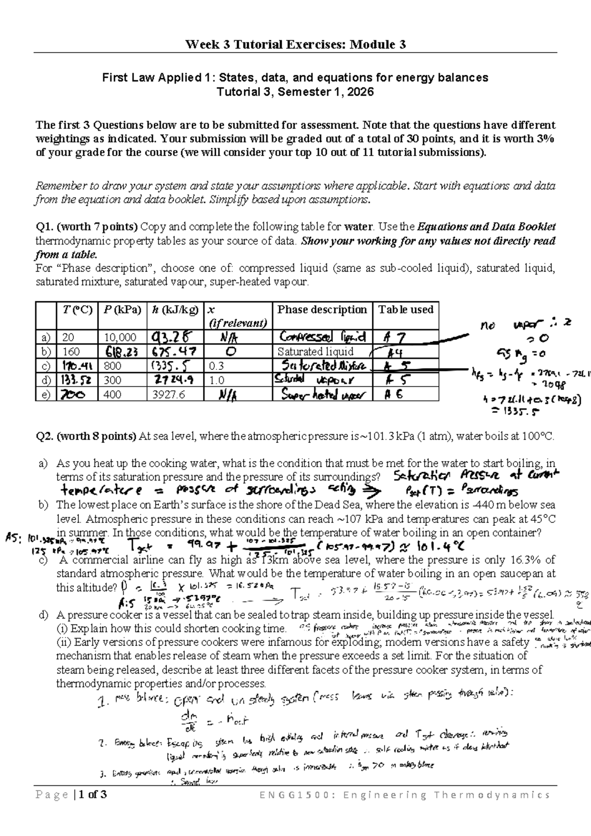 ENGG1500: Week 3 Tutorial Exercises - Energy Balances & Thermodynamics ...