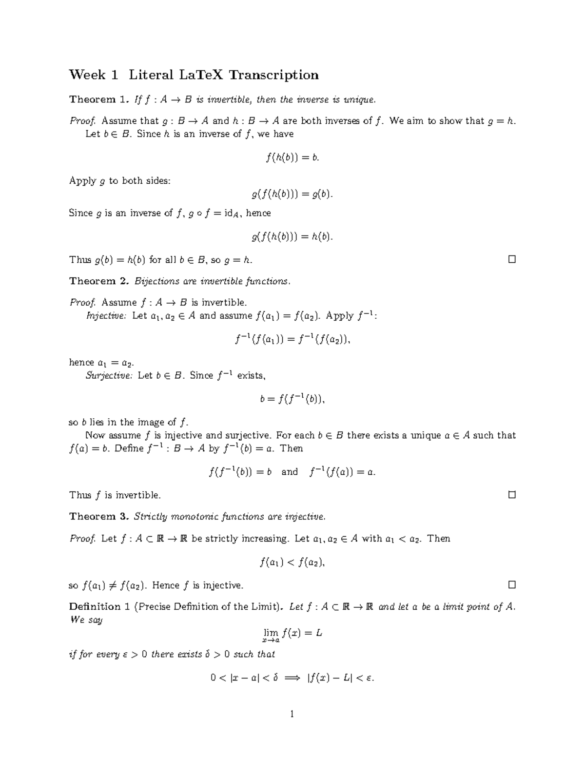 Week 1 Lecture: Proofs of Invertible Functions and Limits - Studeersnel