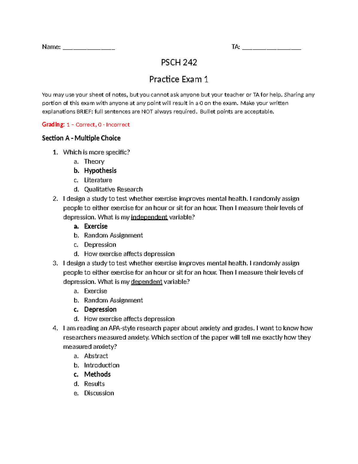 PSCH 242 Practice Exam 1 Key: Answers & Explanations - Studocu
