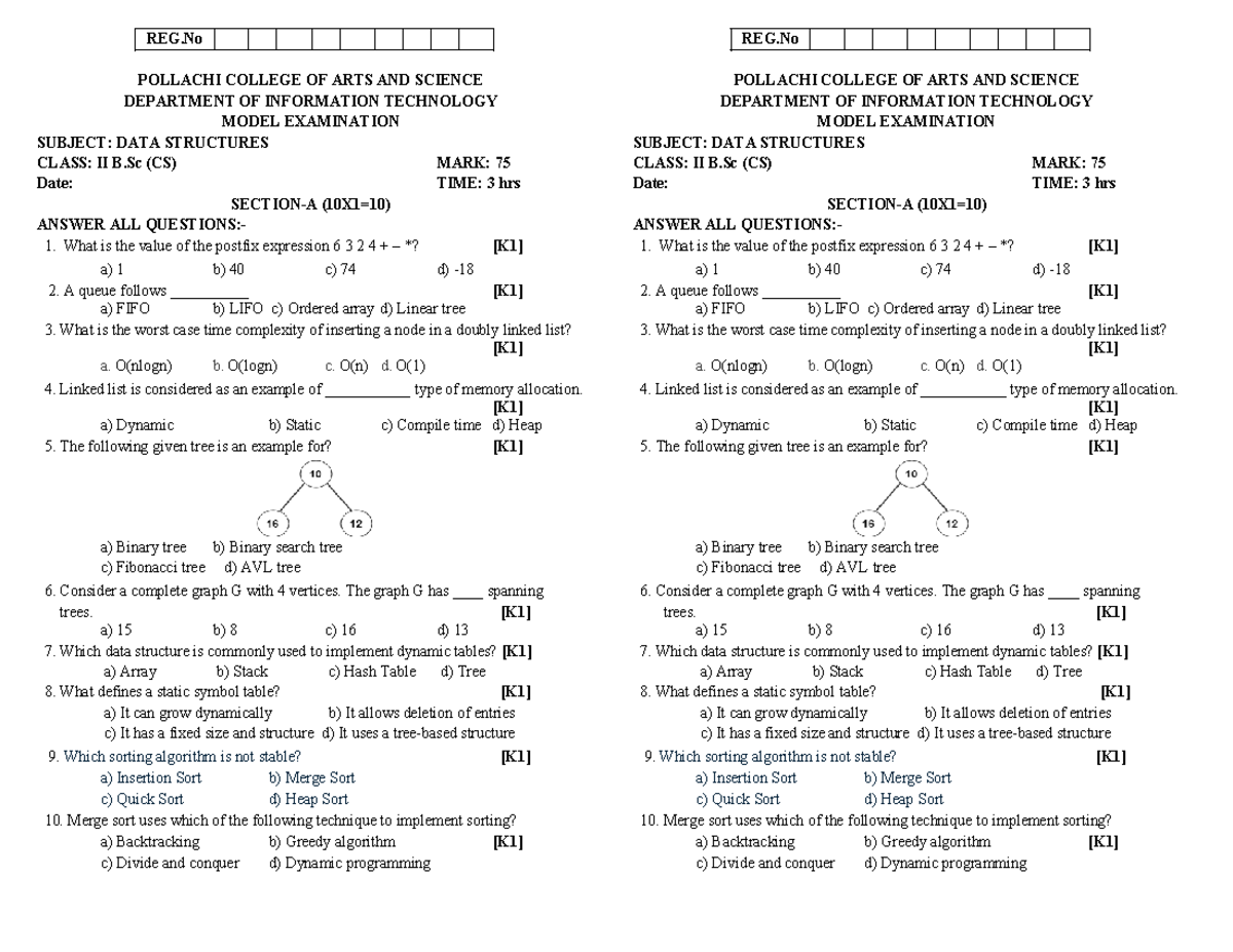 Model Exam: Data Structures - II B.Sc (CS) - WD3435454 - Studocu
