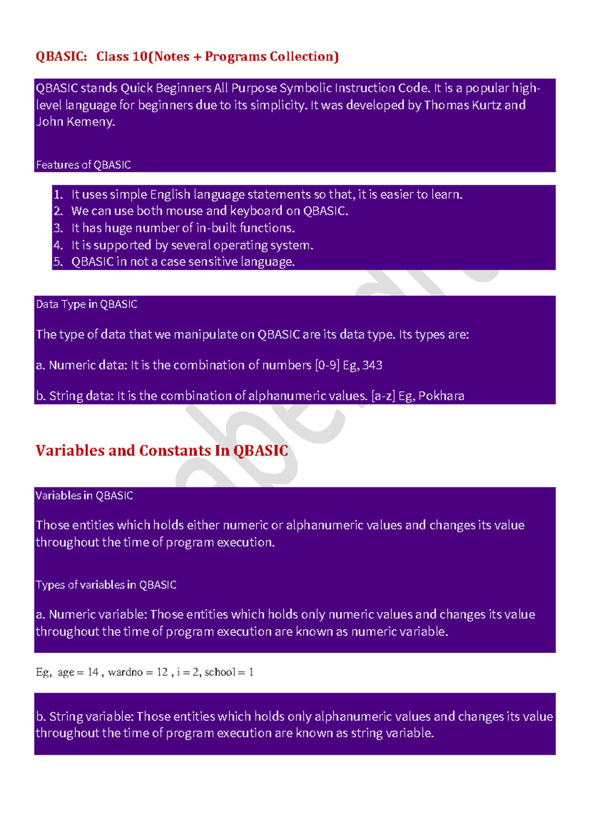 QBASIC: Class 10 Notes on Programming Concepts and Examples - Studocu