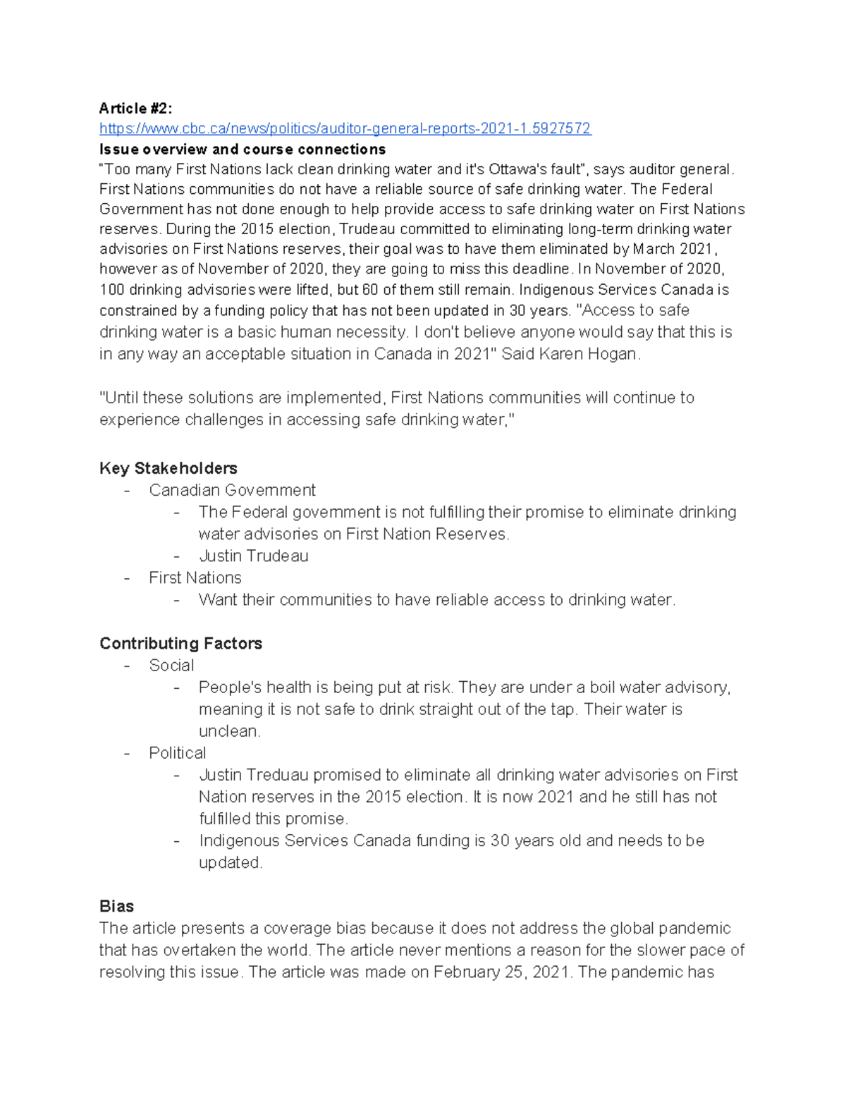 world issues article - Article #2: cbc/news/politics/auditor-general ...