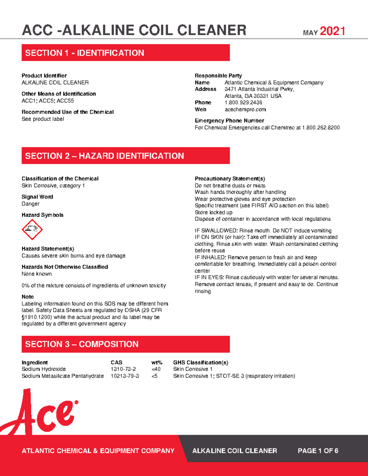 ACC Alkaline Coil Cleaner Safety Data Sheet - May 2021 - Studocu
