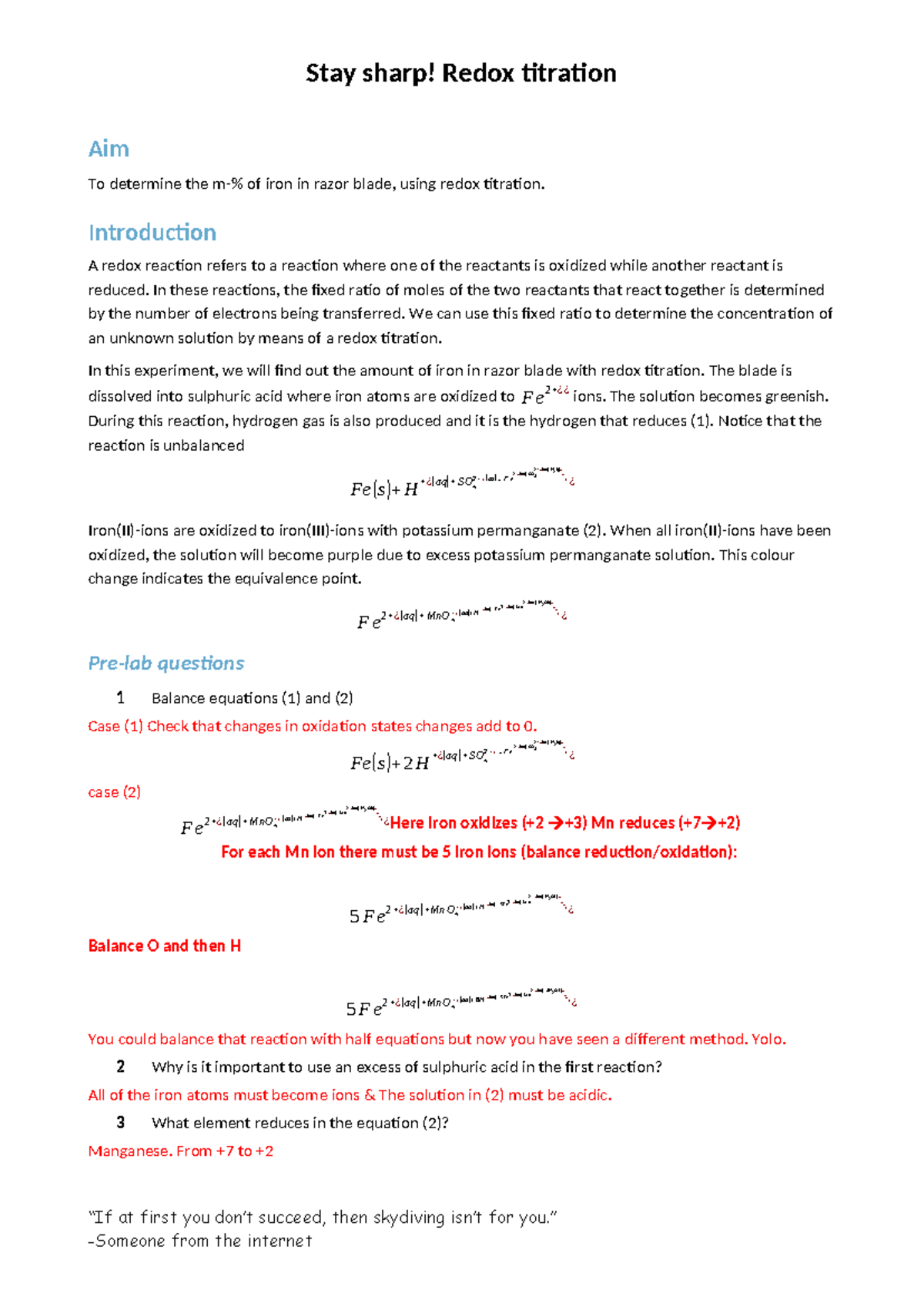 Redox Titration Lab: Determining Iron Content in Razor Blade - Studeersnel