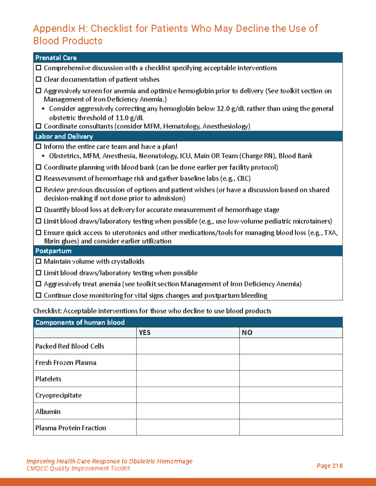 Appendix H: Patient Checklist for Declining Blood Products in Prenatal ...