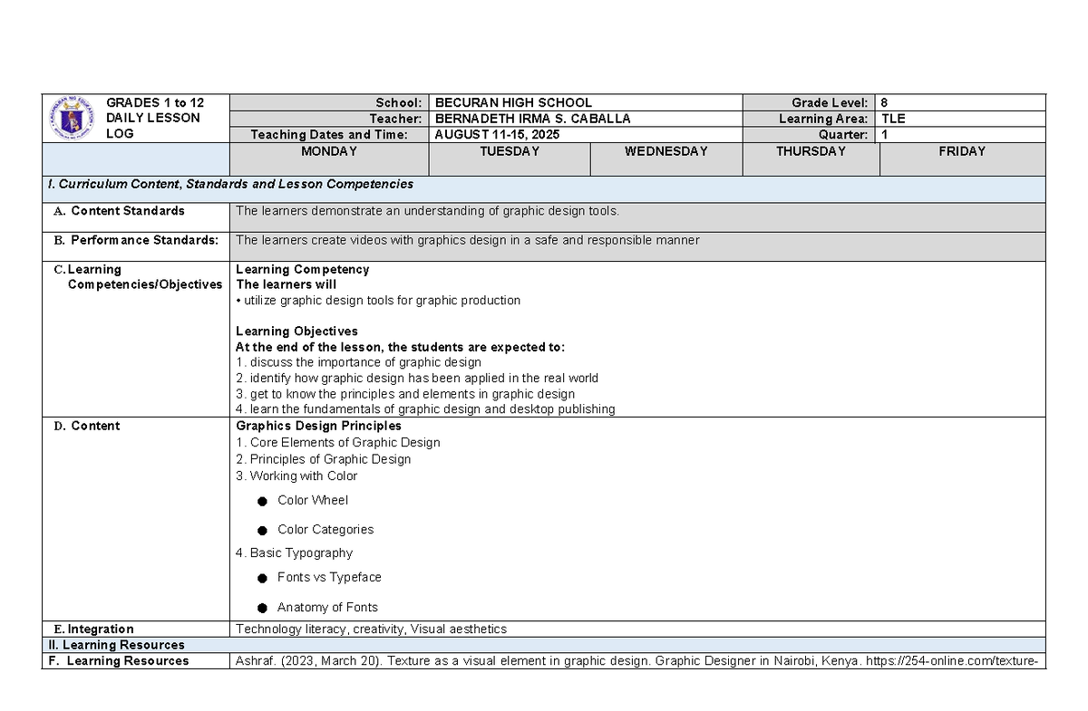 DLL WEEK 3 D1-D5: Daily Lesson Log for Grade 8 TLE - Studocu
