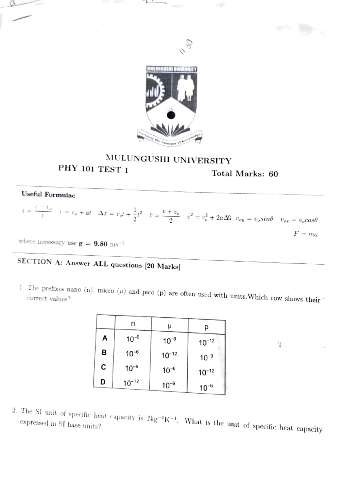 PHY 101 - Test 1 Questions and Answers on Kinematics and Dynamics - Studocu