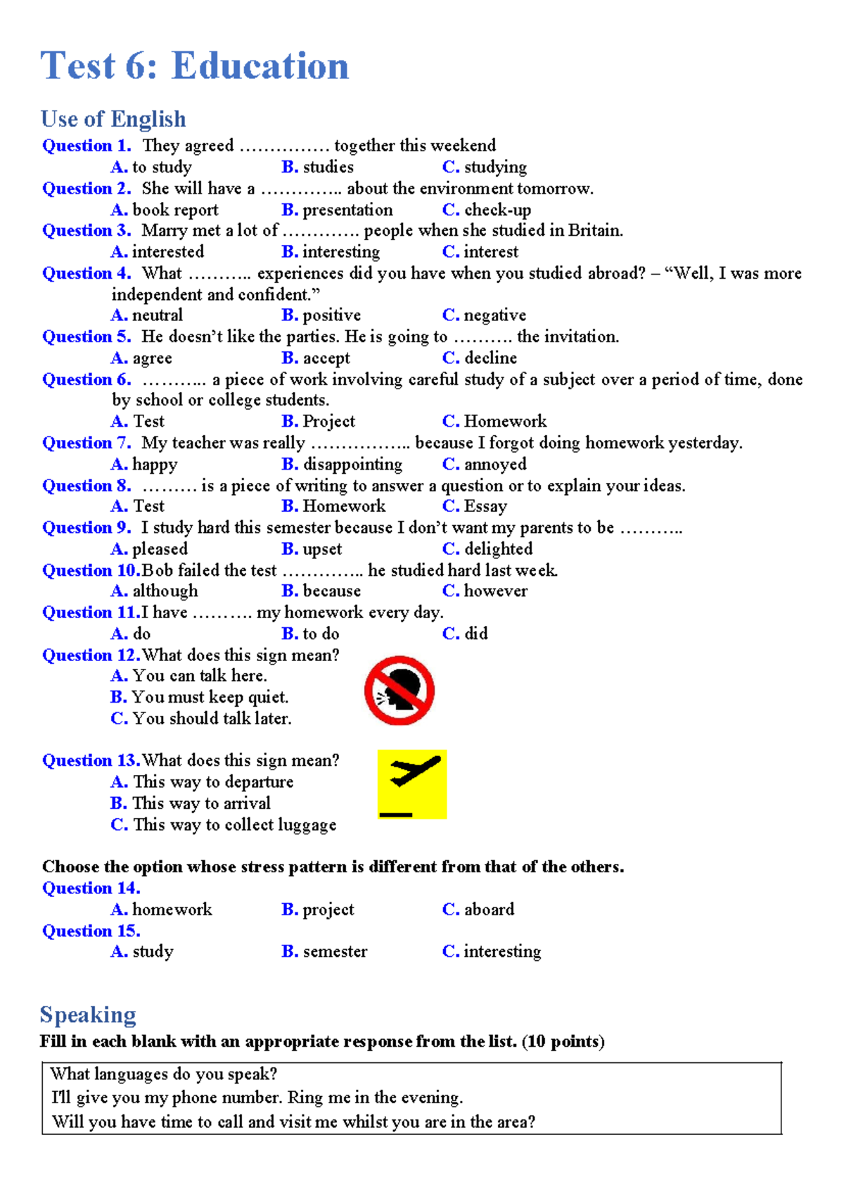 Test 6: English Language Skills Questions and Answers - Studocu