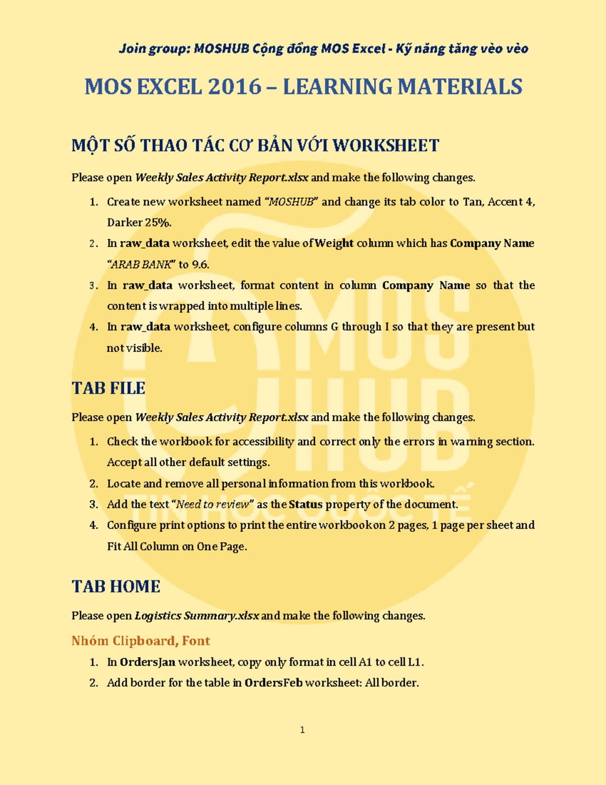 MOS EXCEL 2016 Handout for Online Course Activities and Tasks - Studocu