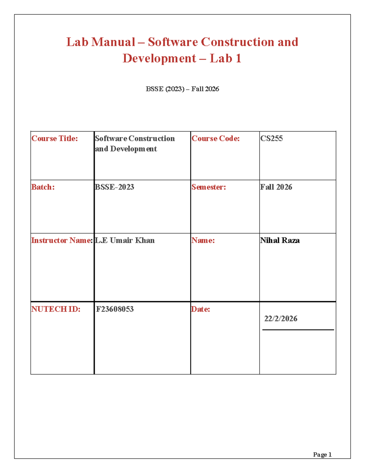Lab Manual: Software Construction & Development CS255 - Fall 2026 - Studocu