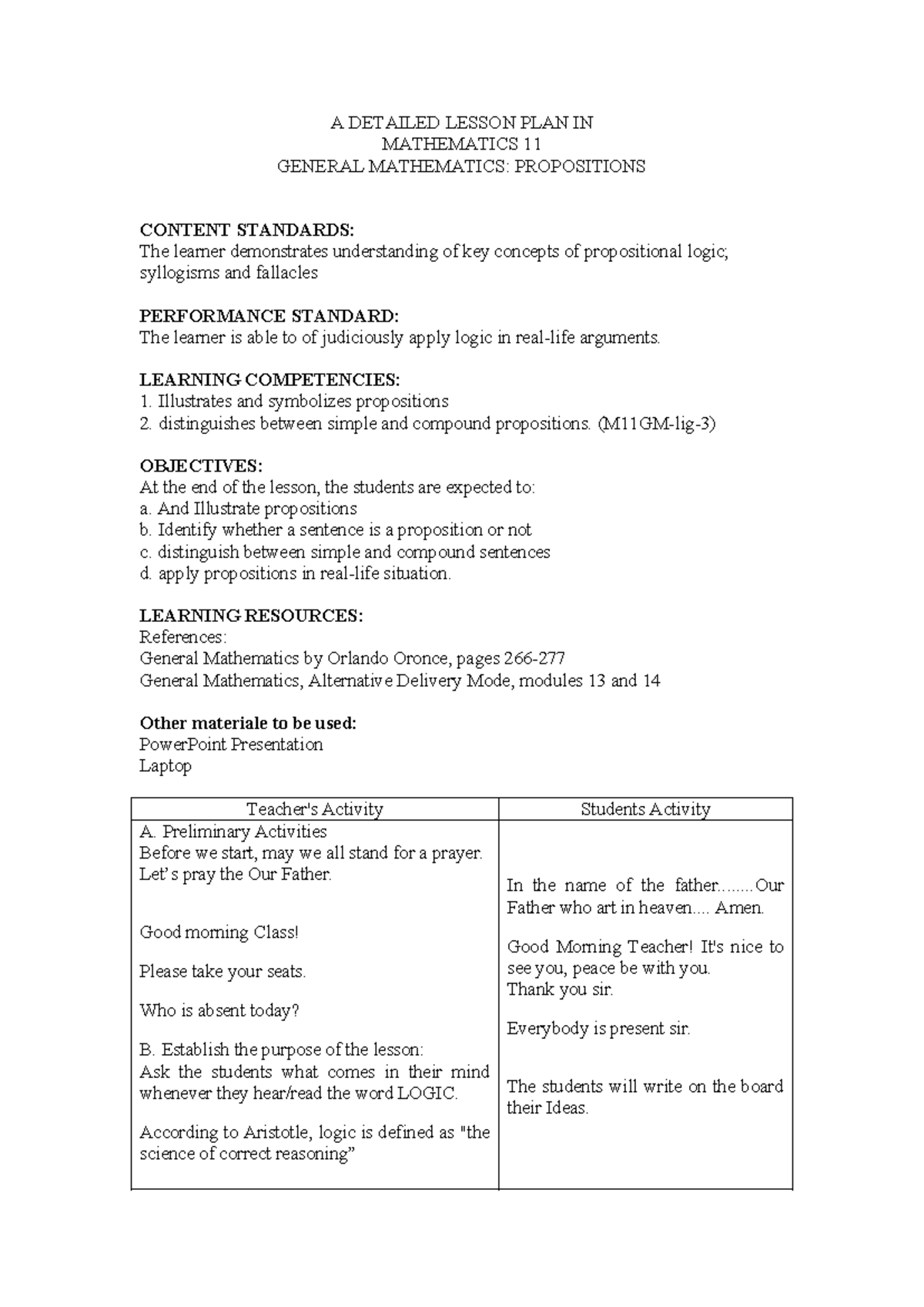 Detailed Lesson Plan: Propositions in Math 11 General Math - Studocu