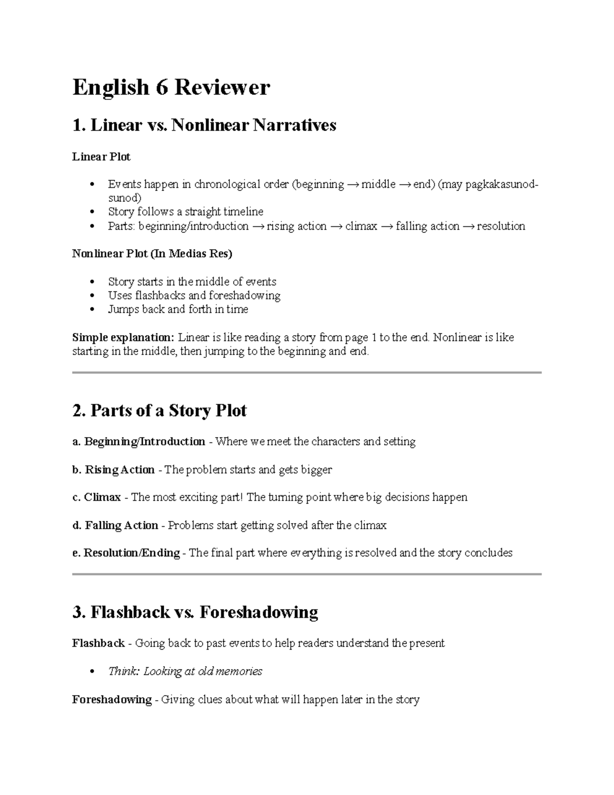 English 6 Final Exam Reviewer: Linear vs. Nonlinear Narratives - Studocu