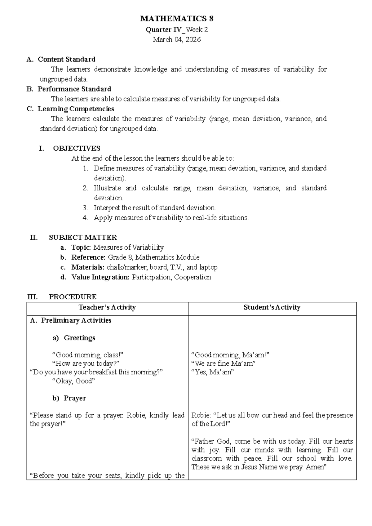Mathematics 8 DLP: Measures of Variability - Week 2 Lesson Plan - Studocu