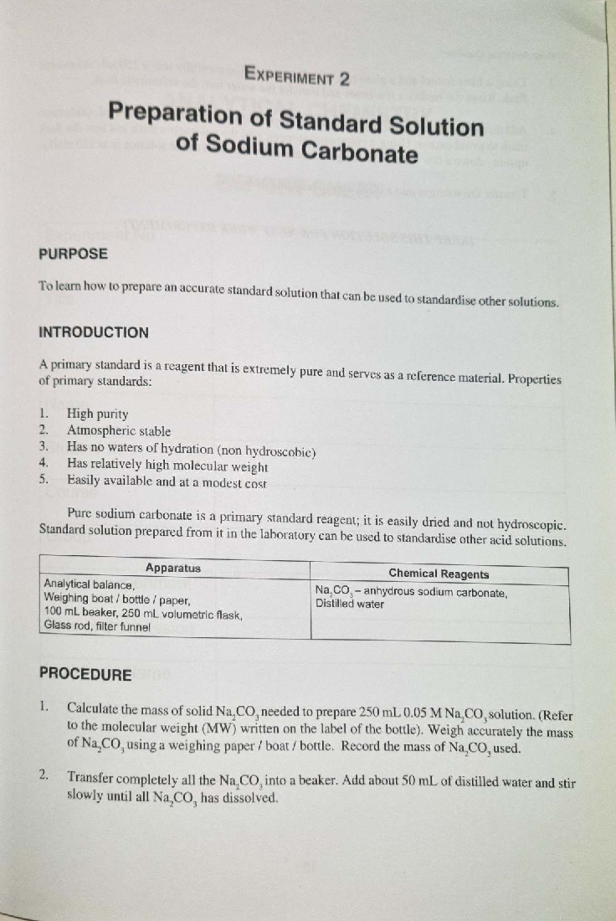 Exp 2: Prep of Na2CO3 Std Solution - CHM256 Lab Notes (09-Apr-2025 ...