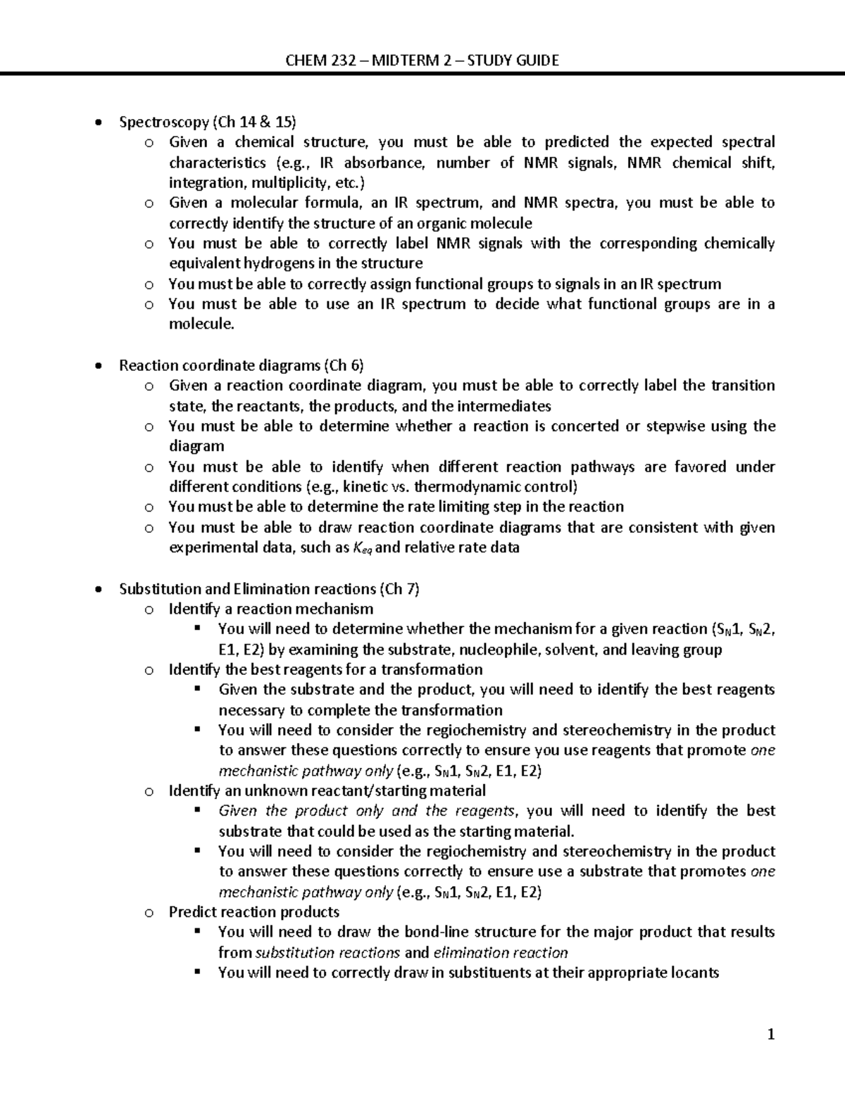 CHEM 232 F-2020 Exam 2 Study Guide - CHEM 232 – MIDTERM 2 – STUDY GUIDE ...