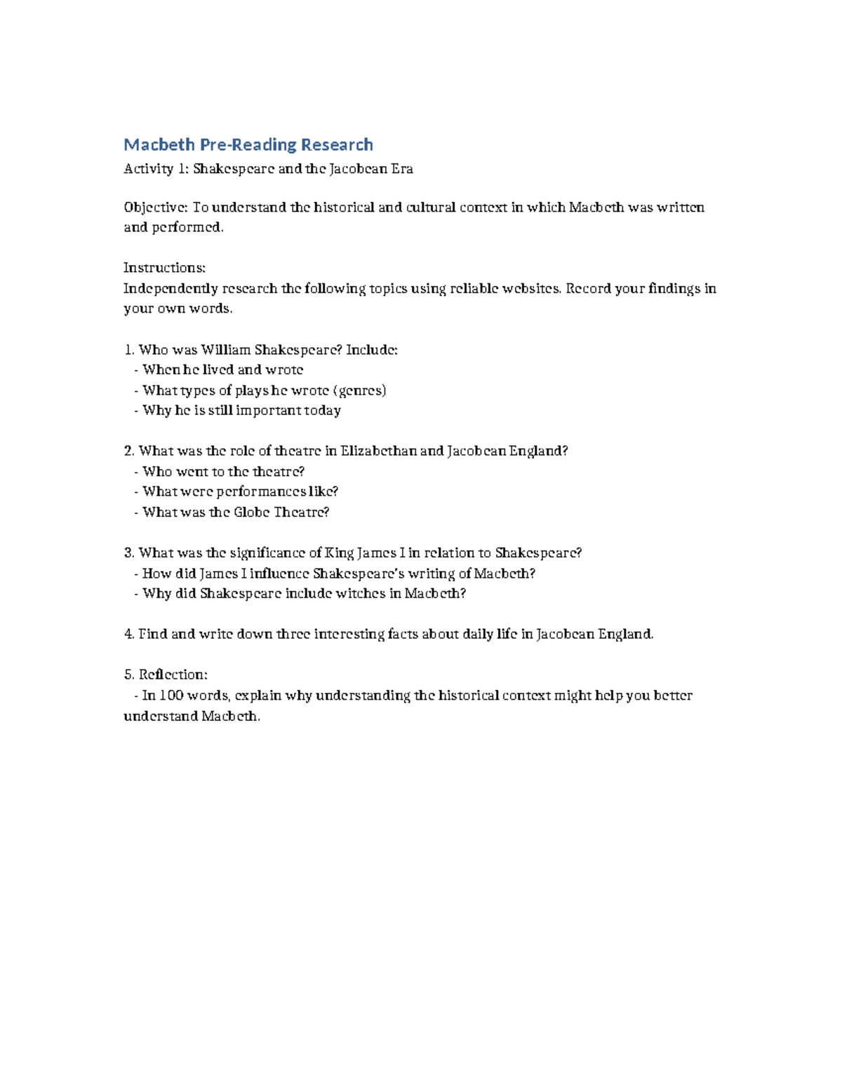 Macbeth Research Activity 1: Shakespeare & Jacobean Context - Studocu
