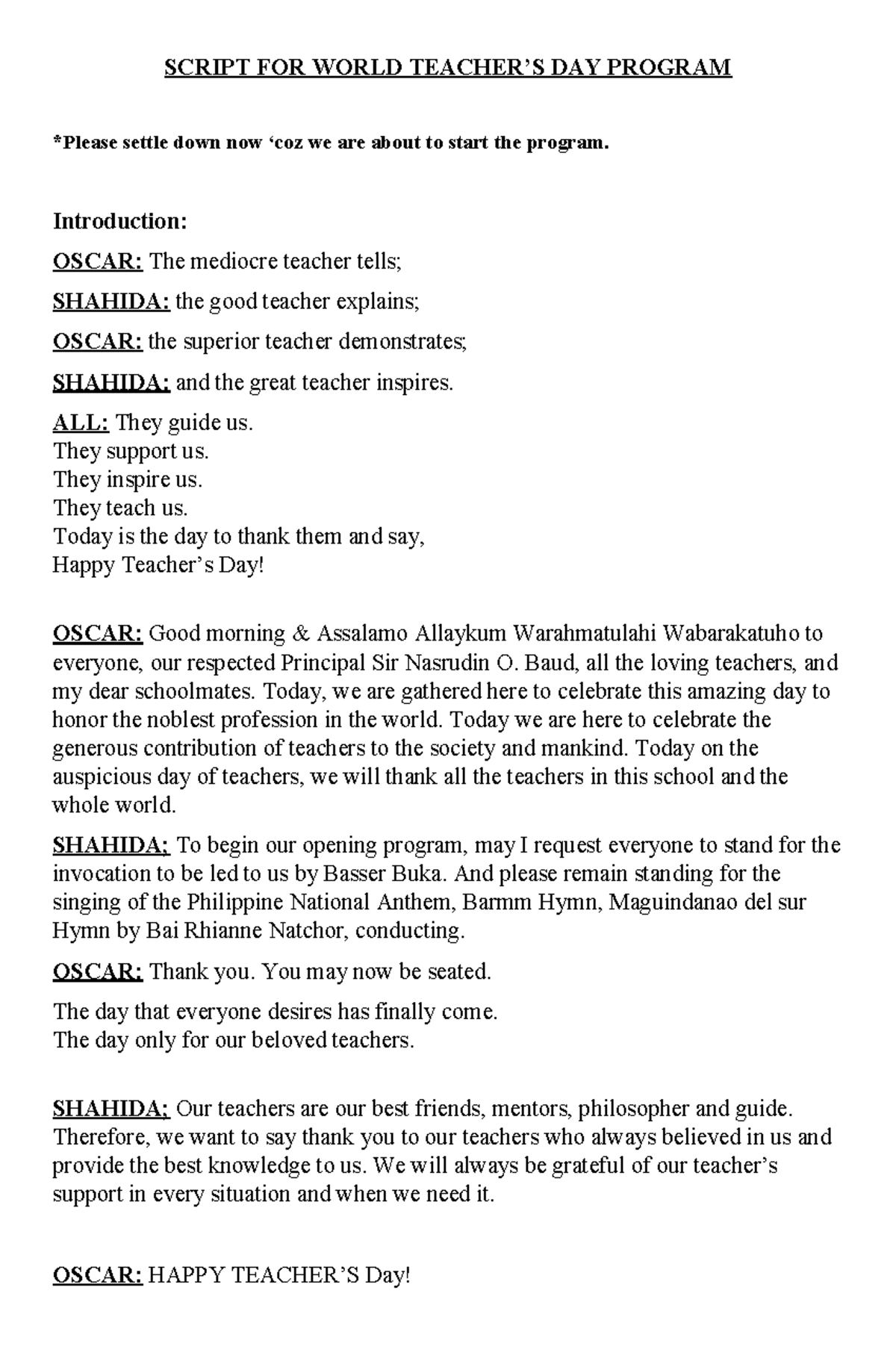 412415329 Script for World Teacher's Day Celebration Program - Studocu