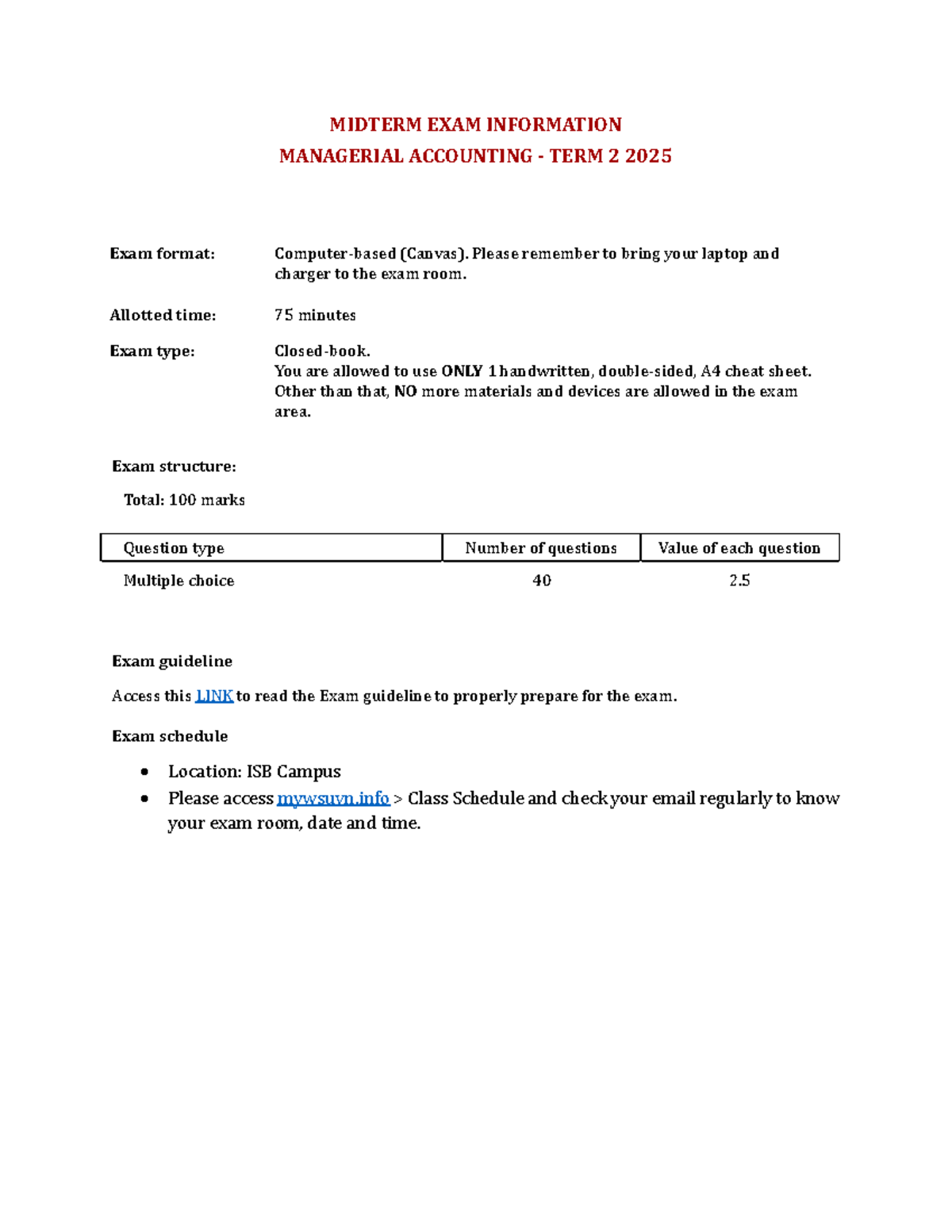Managerial Accounting - Midterm Exam Info - T2 2025 (Canvas) - Studocu