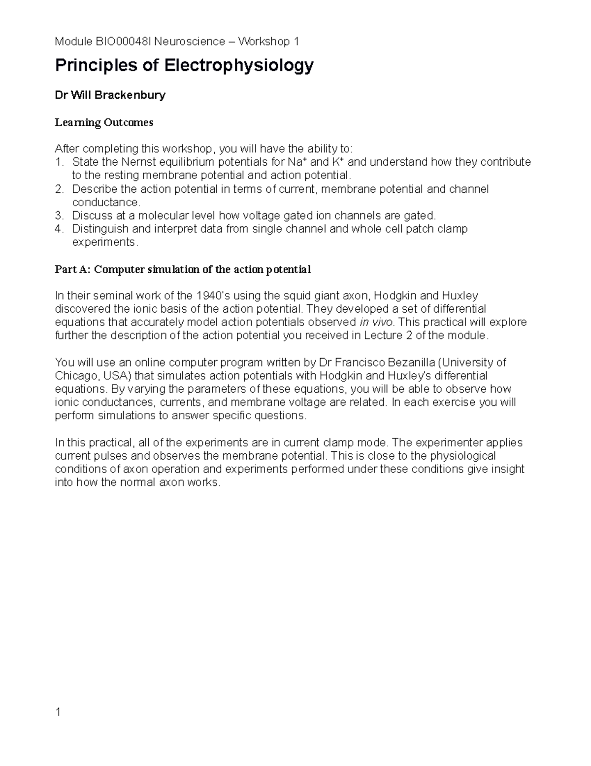 Workshop 1 - Principles of Electrophysiology questions - Principles of ...