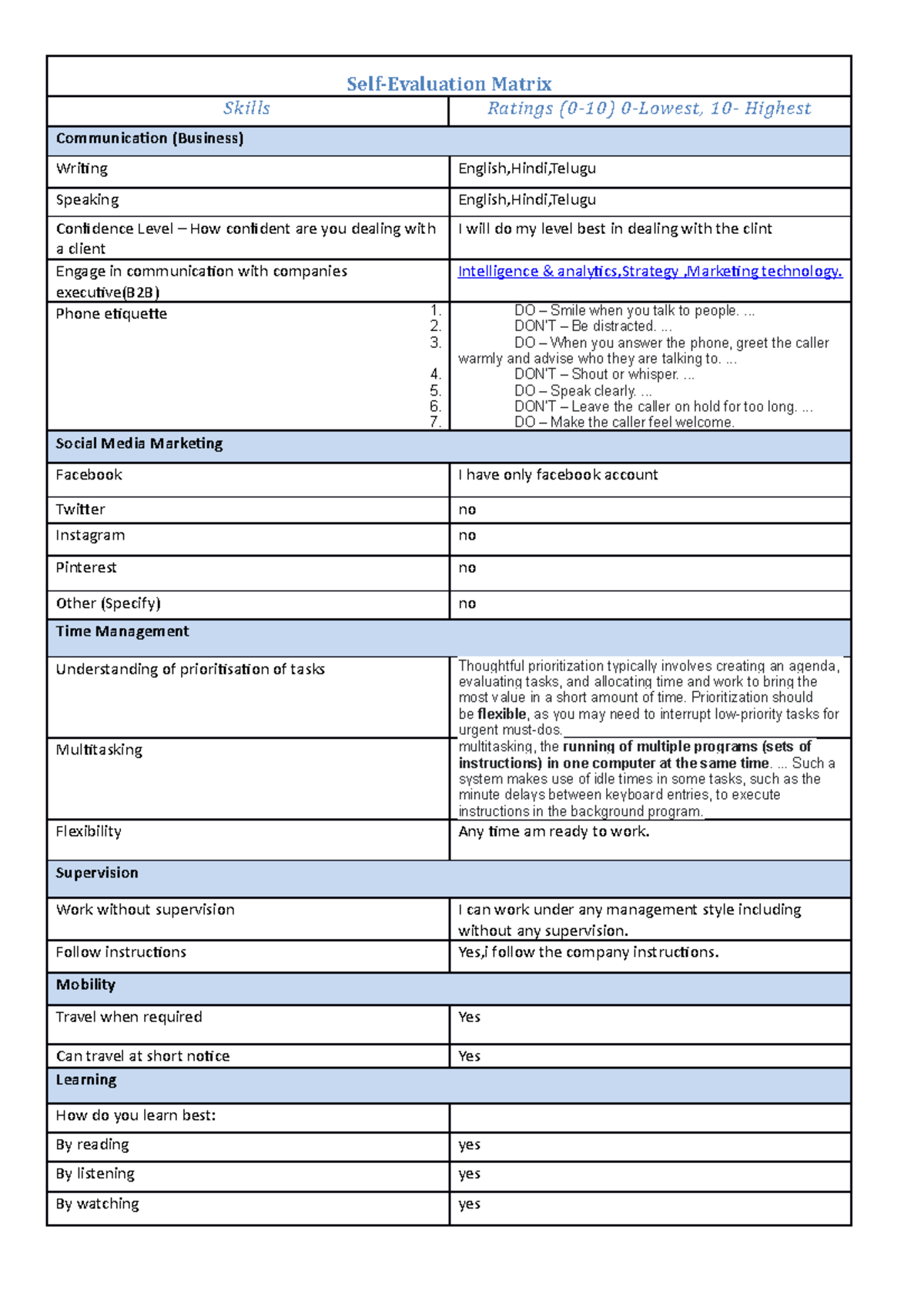Self-Evaluation Matrix for Skills Assessment & Development - Studocu