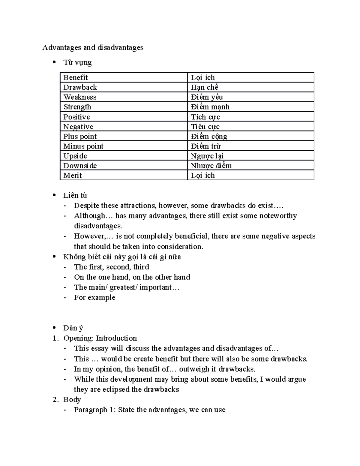 Advantages and Disadvantages: Key Vocabulary and Essay Outline - Studocu