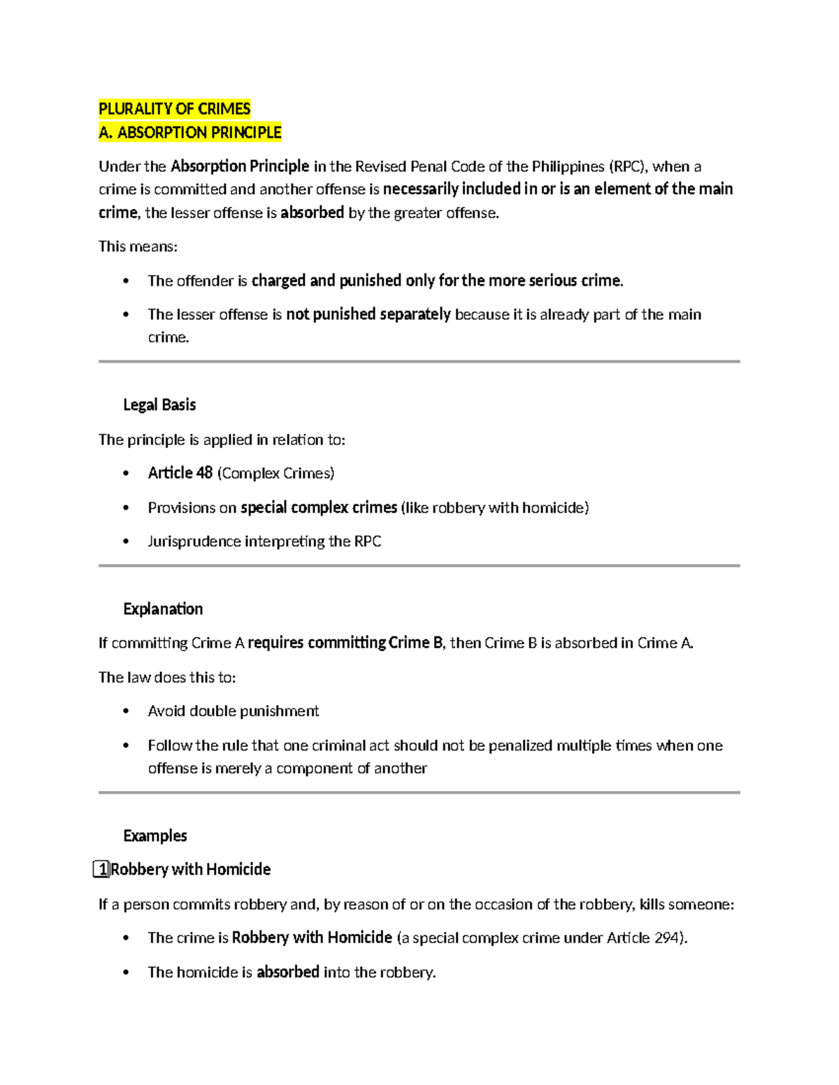 Revised Penal Code (RPC) Notes: Absorption, Single Impulse, and Complex ...