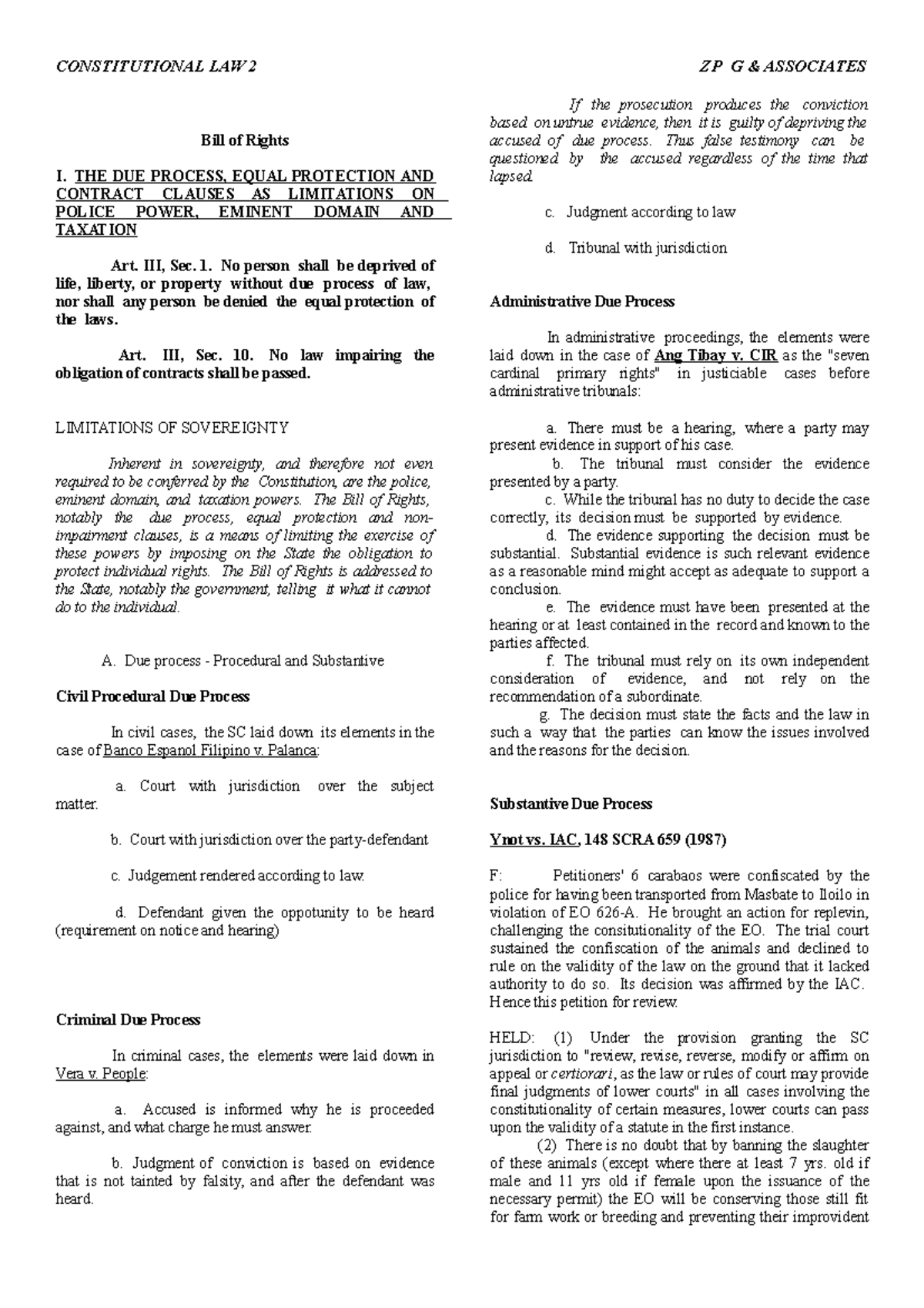 Consti 2 Final Exam Reviewer: Bill of Rights and Due Process - Studocu
