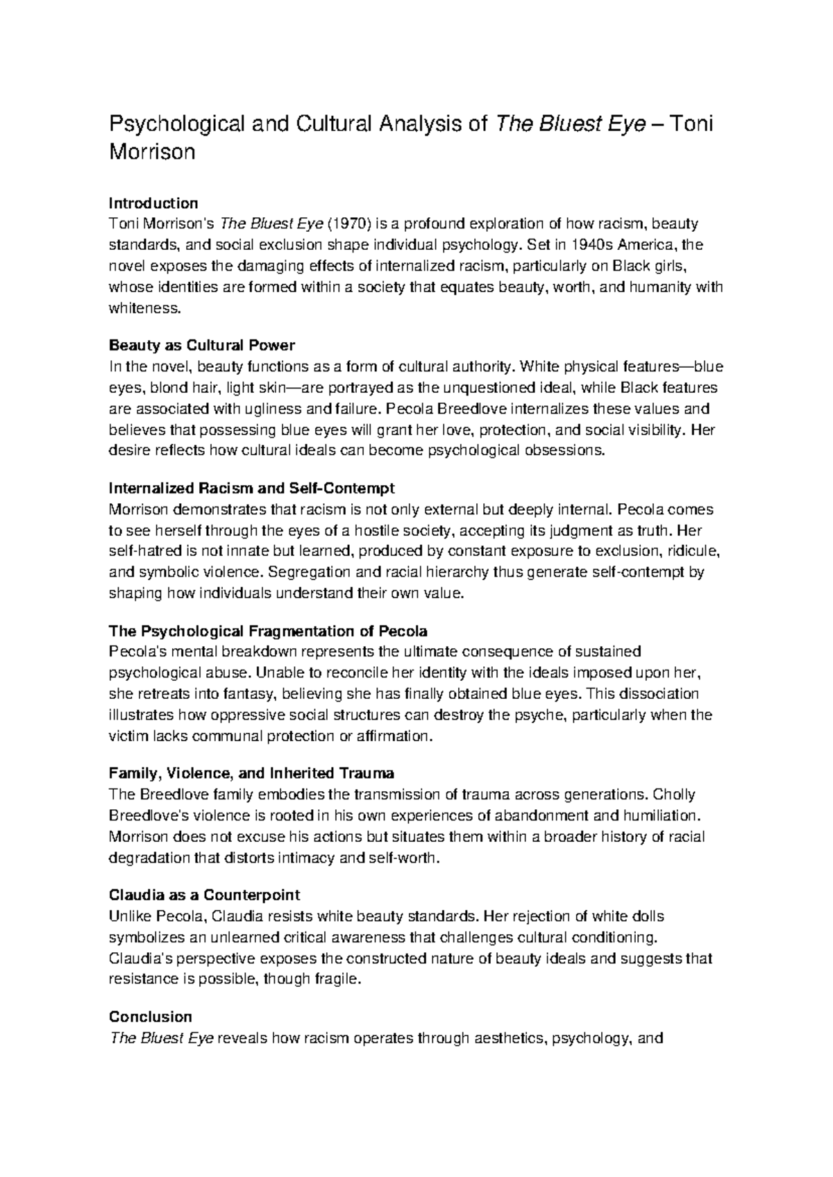 Psychological & Cultural Analysis of The Bluest Eye (ENG 101) - Studocu