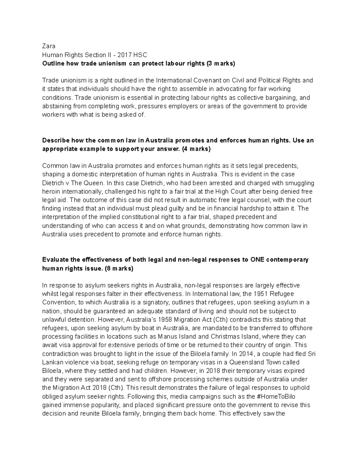 2017 HSC Legal Human Rights Section II: Trade Unionism & Asylum Seekers ...